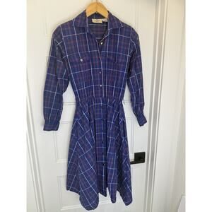 Vintage Summit Hill Plaid Shirt Dress Blue Red Cotton Long Sleeve A-Line Size 4